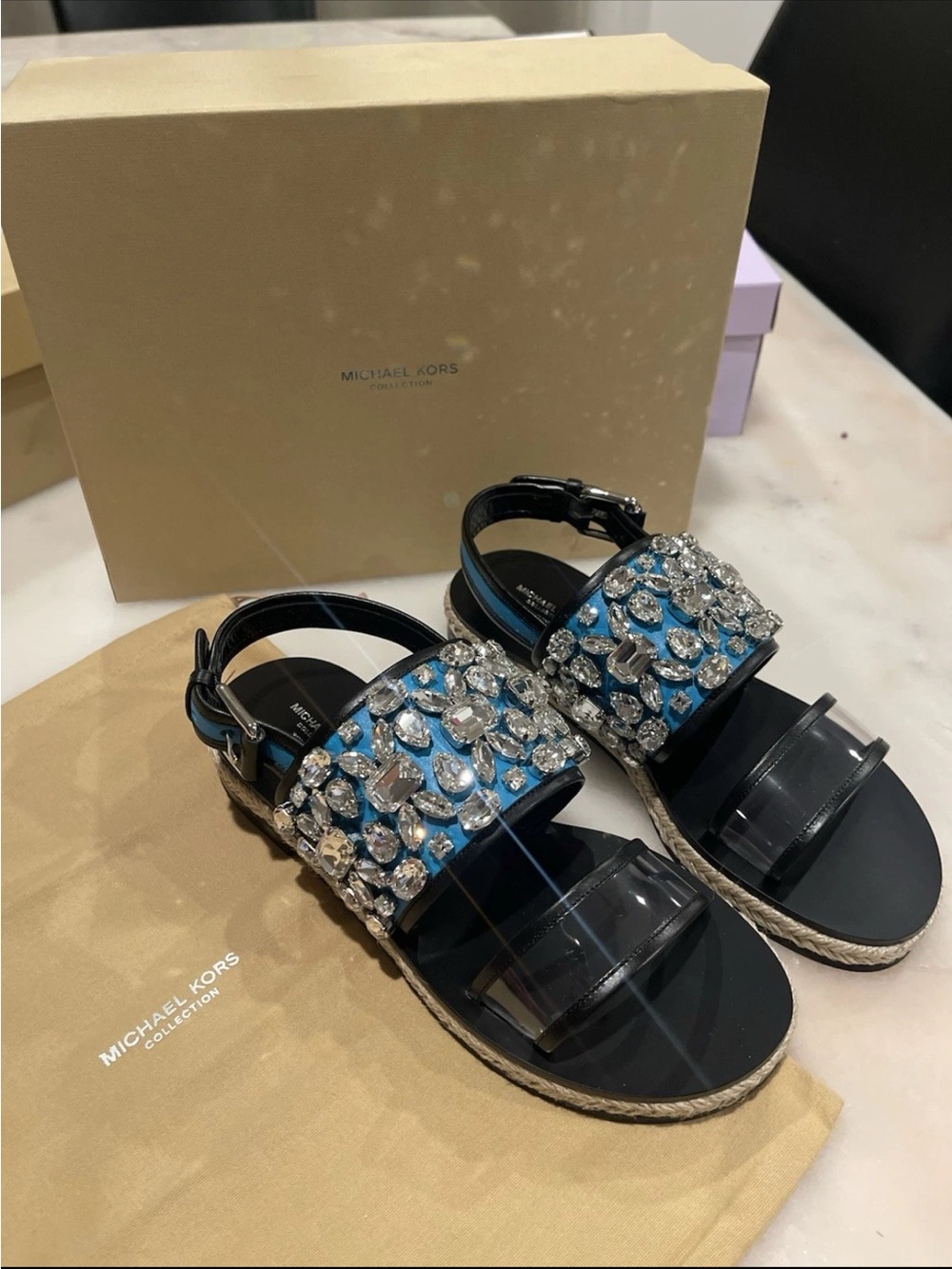 Michael Kors Black Sandals with Blue Jeweled Straps